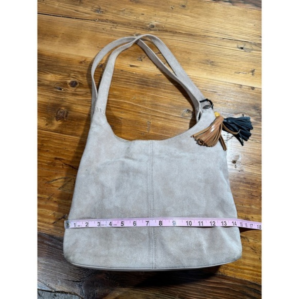The Sak Huntley Hobo Bag in Sand Suede Taupe Tassel Shoulder Bag Slouchy Tote - Picture 8 of 17